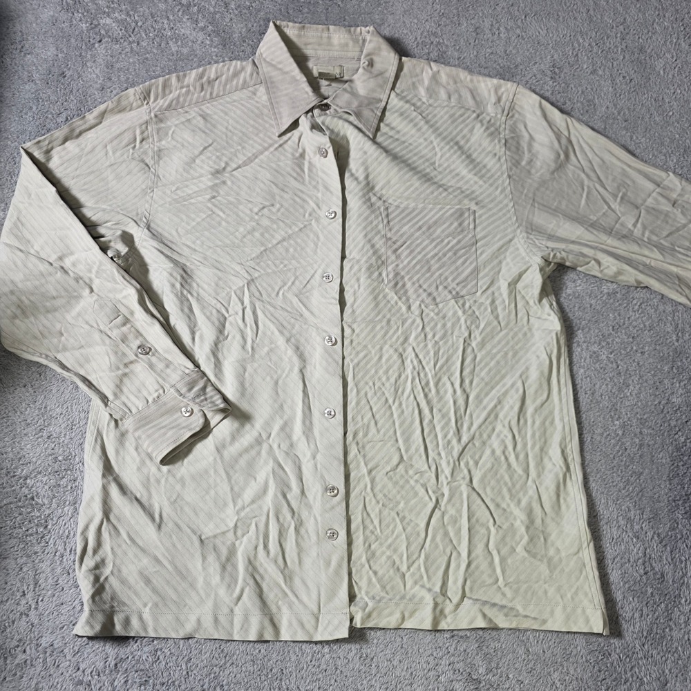 Visitor Mens L Button Down Shirt Tan Silk Cotton Blend Diagonal Stripe Long SLV